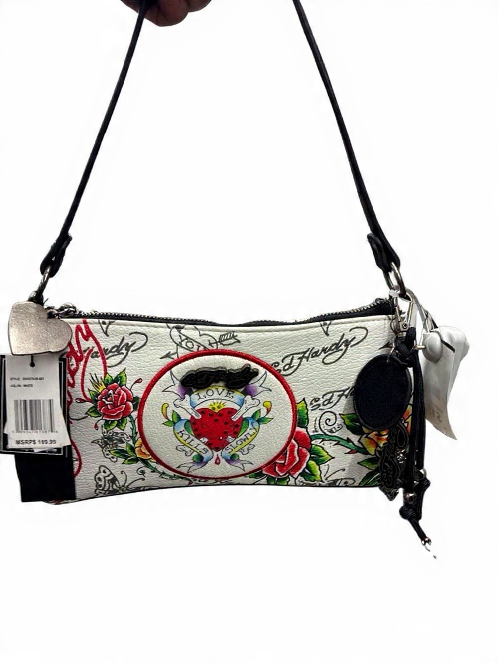 Ed Hardy White Tattoo-Print Wristlet with Red Rose Heart Motif